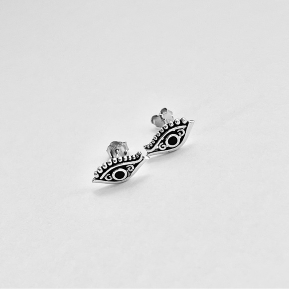 Sterling Silver Egyptian Eye Earrings with Black CZ, Religious Earring, Evil Eye - Picture 5 of 12